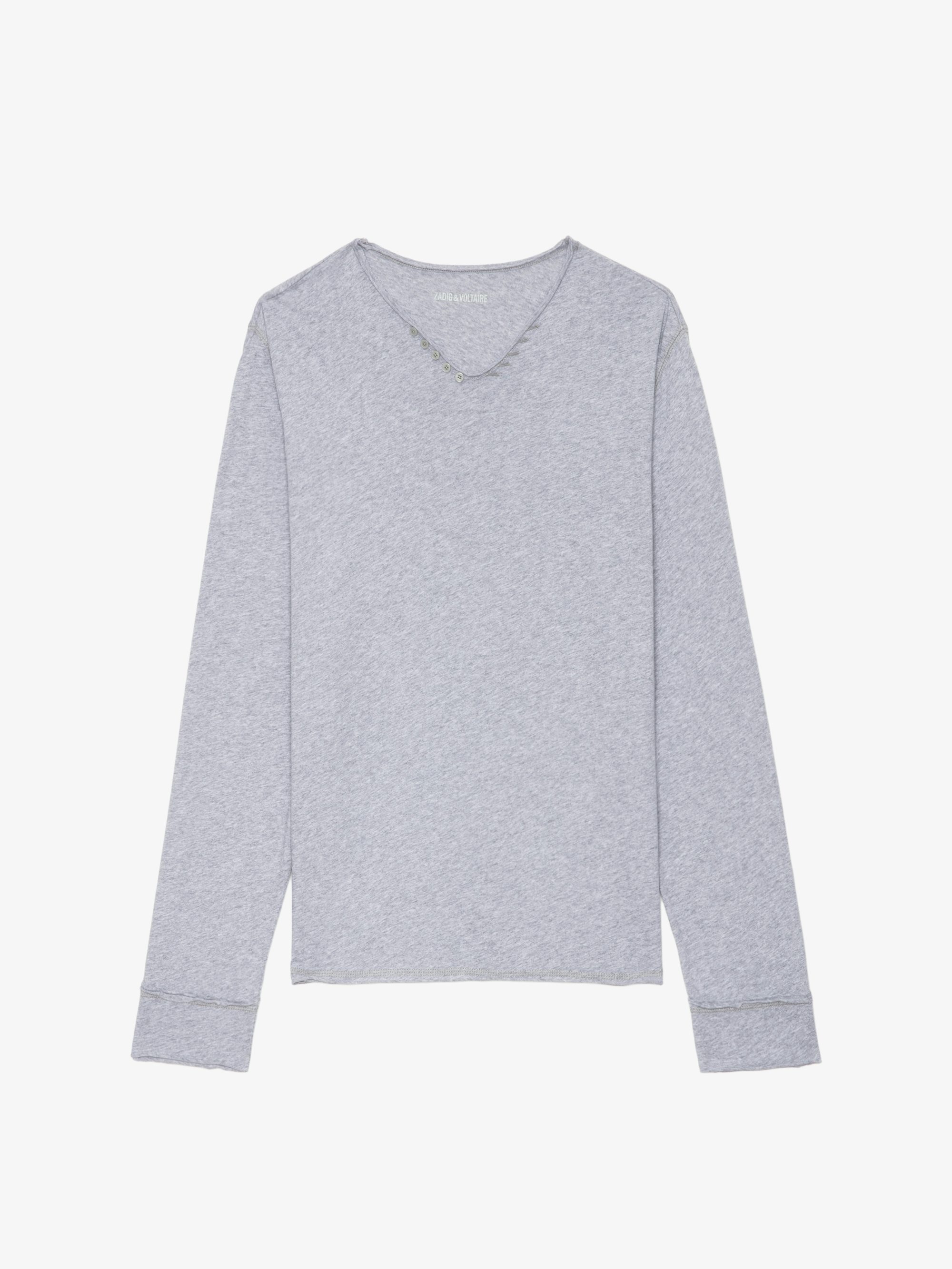 Henley-Shirt Monastir - Langärmliges Henley-Shirt aus meliertem Bio-Baumwollstoff in Grau.